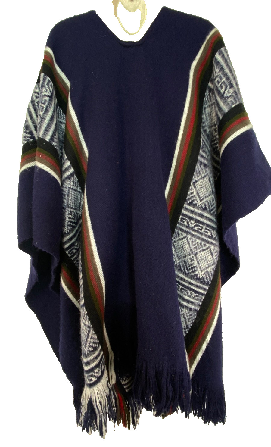 Vintage 1970s blue alpaca wool poncho long striped fringe unisex boho blanket