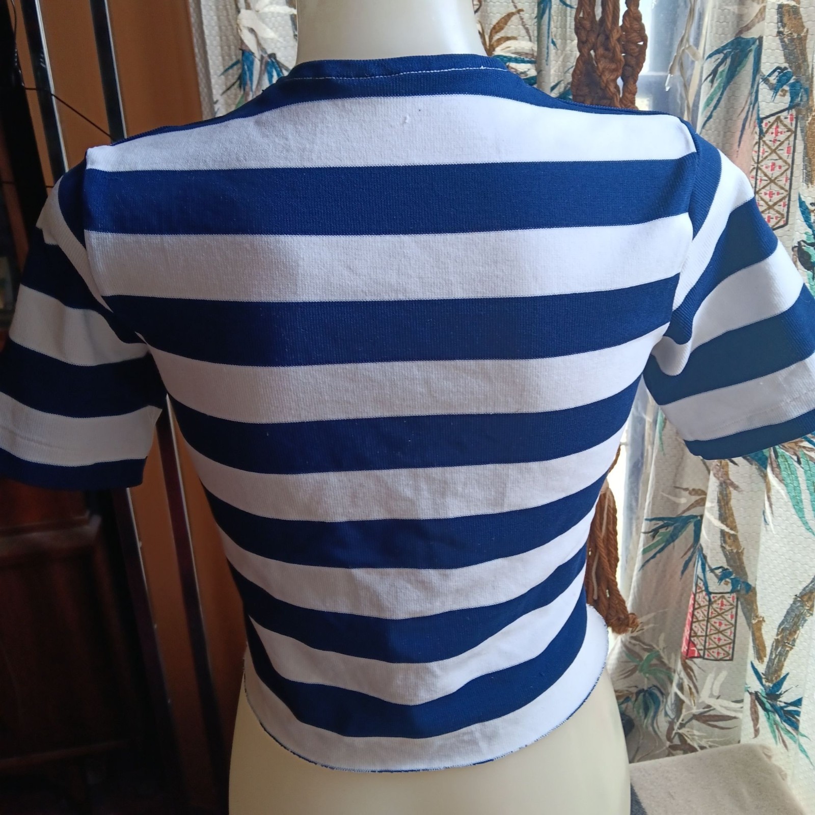 True Vintage 1970’s Lace-Up Top Striped Blue White Cropped Hippie Mod T-shirt