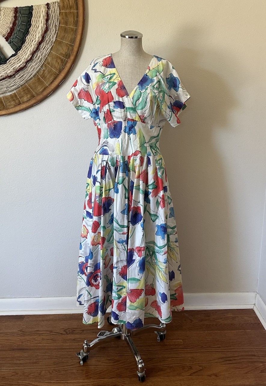 Vintage 90s Kenar 2 Floral Tea Dress Polished Cotton Woman’s M Pockets ￼