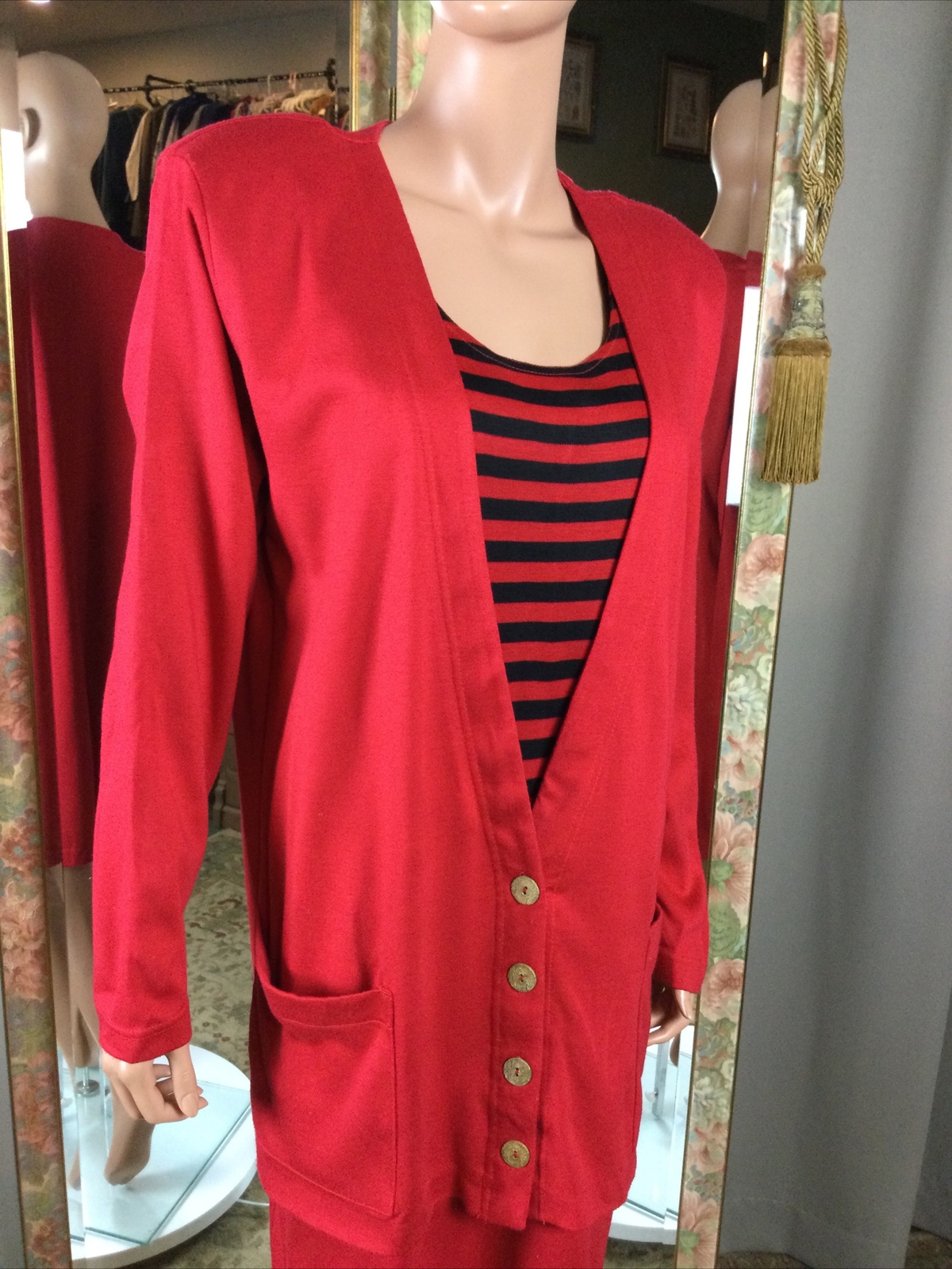 Vintage California Gold Rush Red & Black Strip Knit Dress Sz 16 Bust 46” Pockers