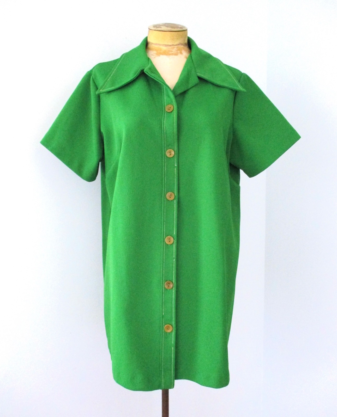 Vtg 60s 70s Green Poly Knit Button Blouse Top Dagger Collar Larger Size XL/2XL