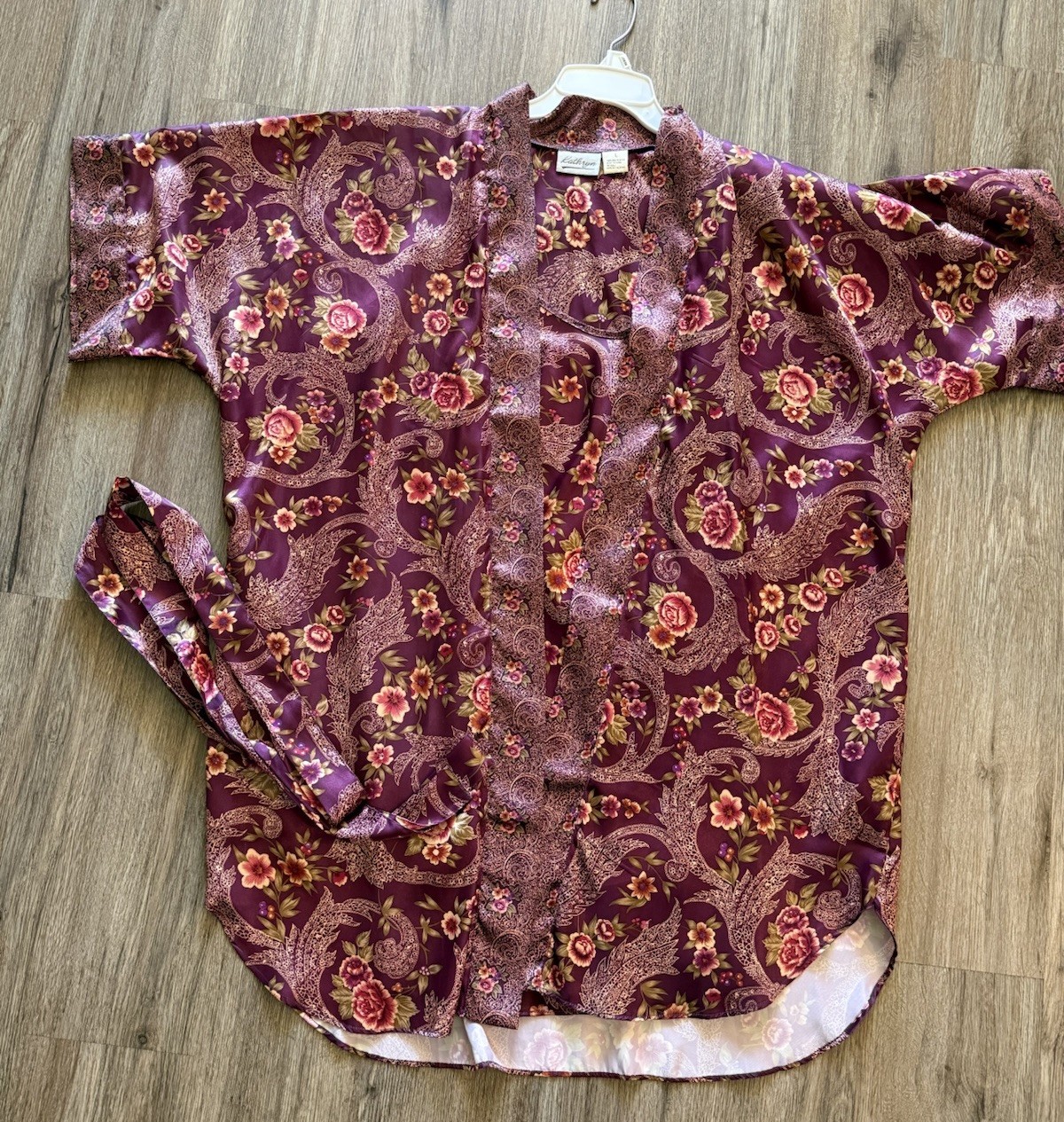 Vtg 90s Kathryn Floral Paisley Robe Chemise Set L Purple Satin UNWORN NWOT
