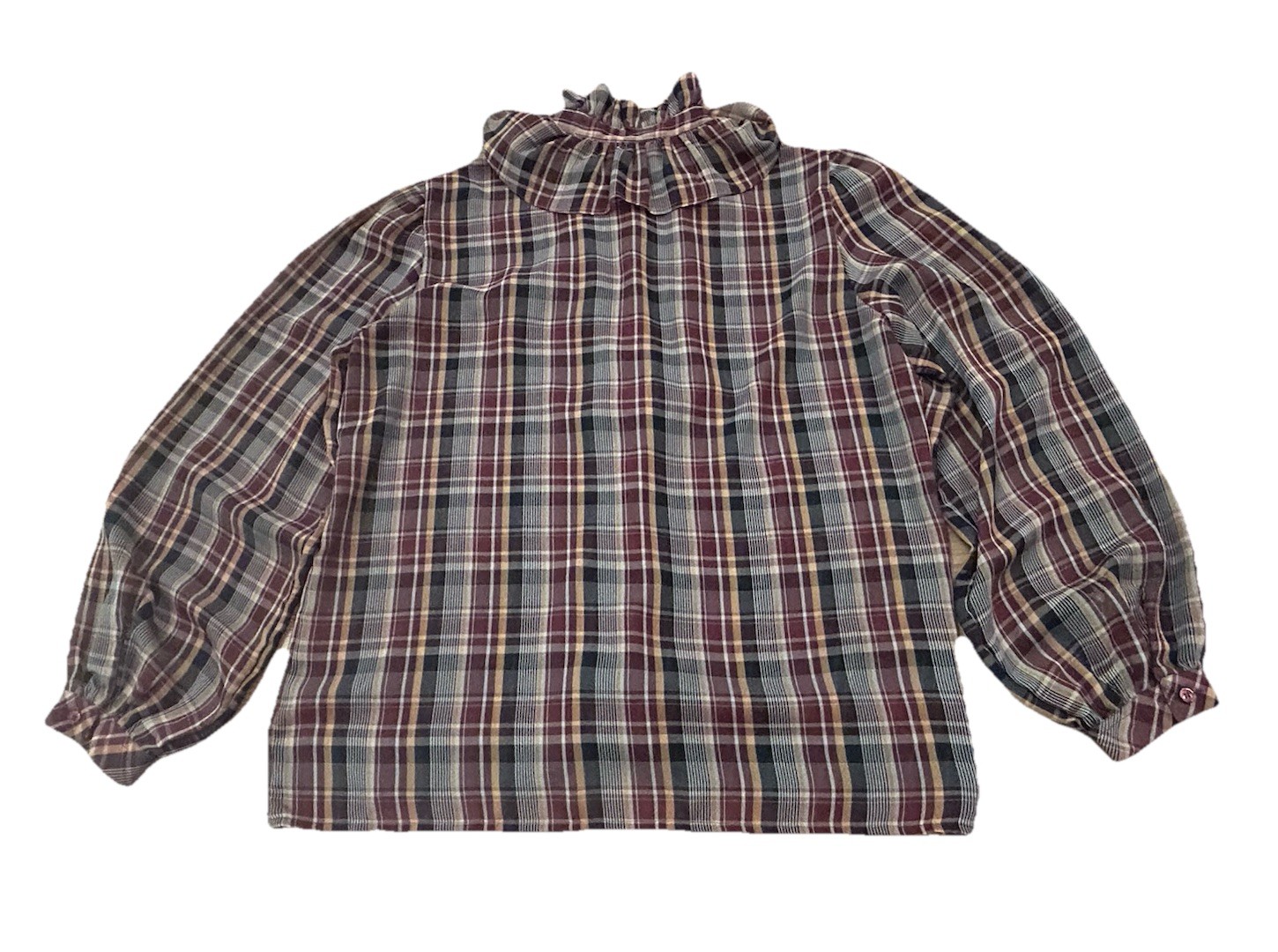 COQUETTE PRAIRIE PLAID RUFFLE BOW BLOUSE Vintage 70s Secretary Poet Top Sheer 40