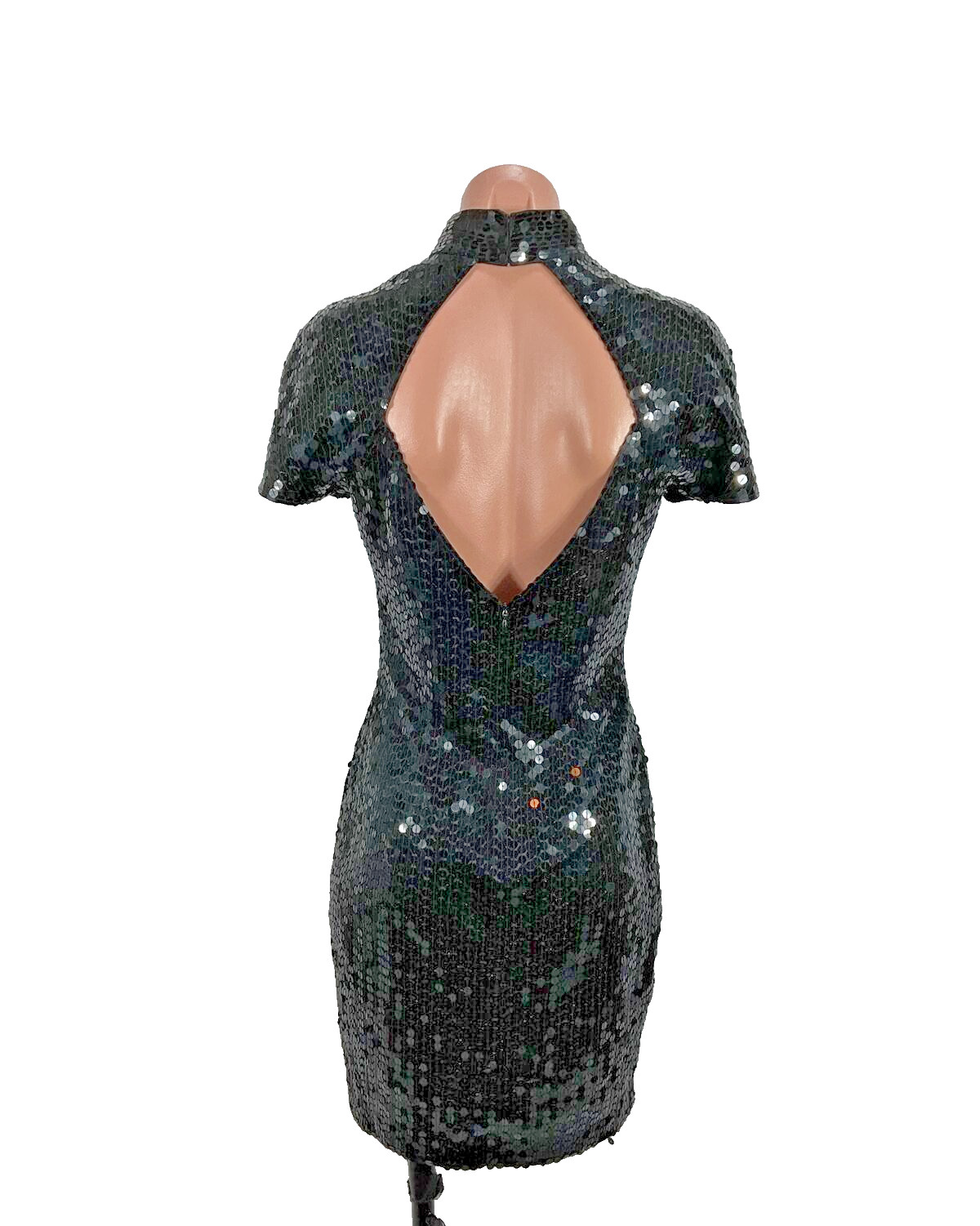 Vtg Nite Line Della Roufogali Sequin Caged Neck Mini Cocktail Dress Formal 6 90s