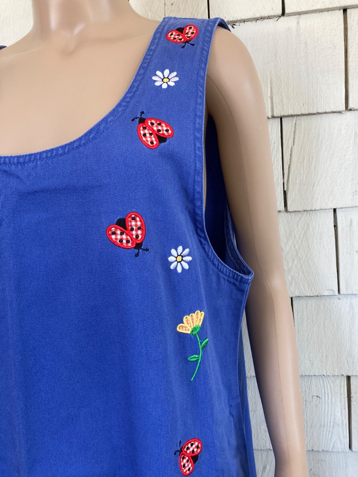 Vintage Boho Mandal Bay Maxi Dress with Embroidered Flowers Ladybugs Size Large