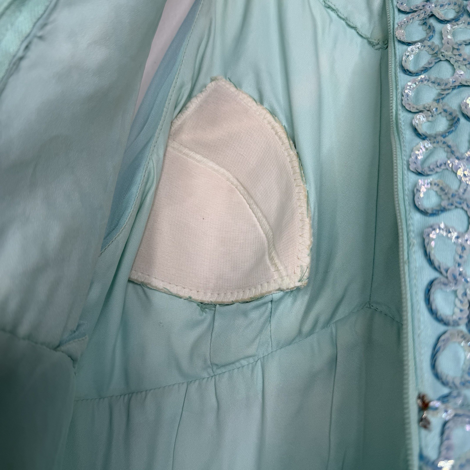 Vintage 60s Mike Benet Sequin Beaded Blue Chiffon Halter Evening Gown Dress XS