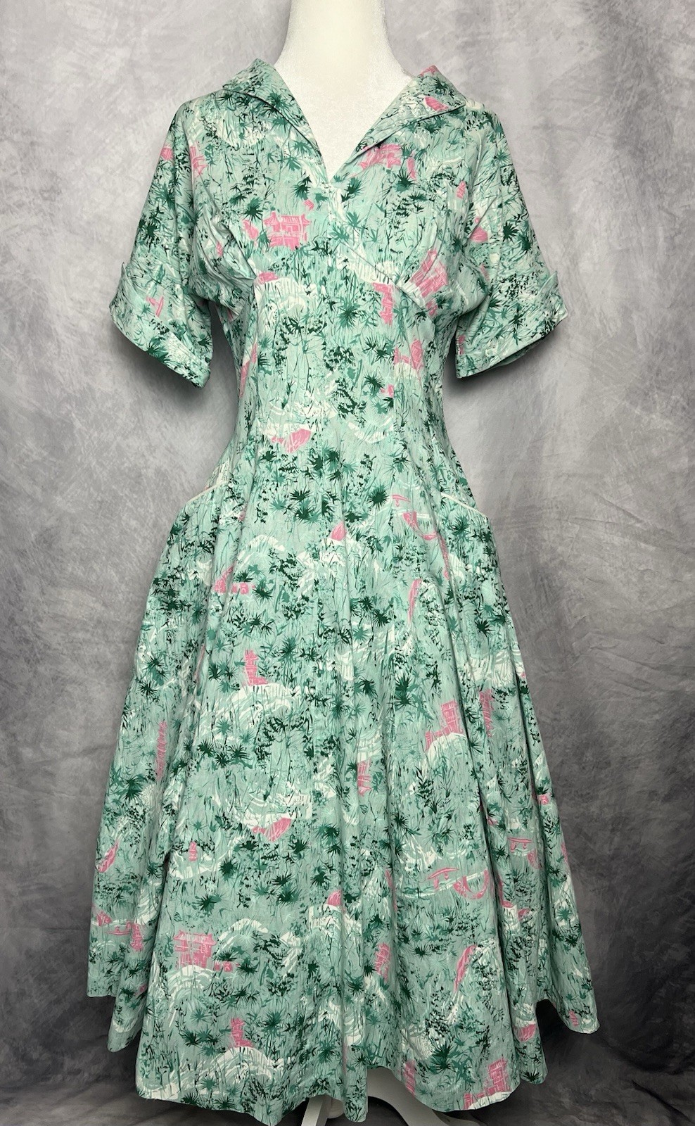 Vintage 1950s Scenic Asian Print Aqua Green Pink Fit & Flare Cotton Dress S/M