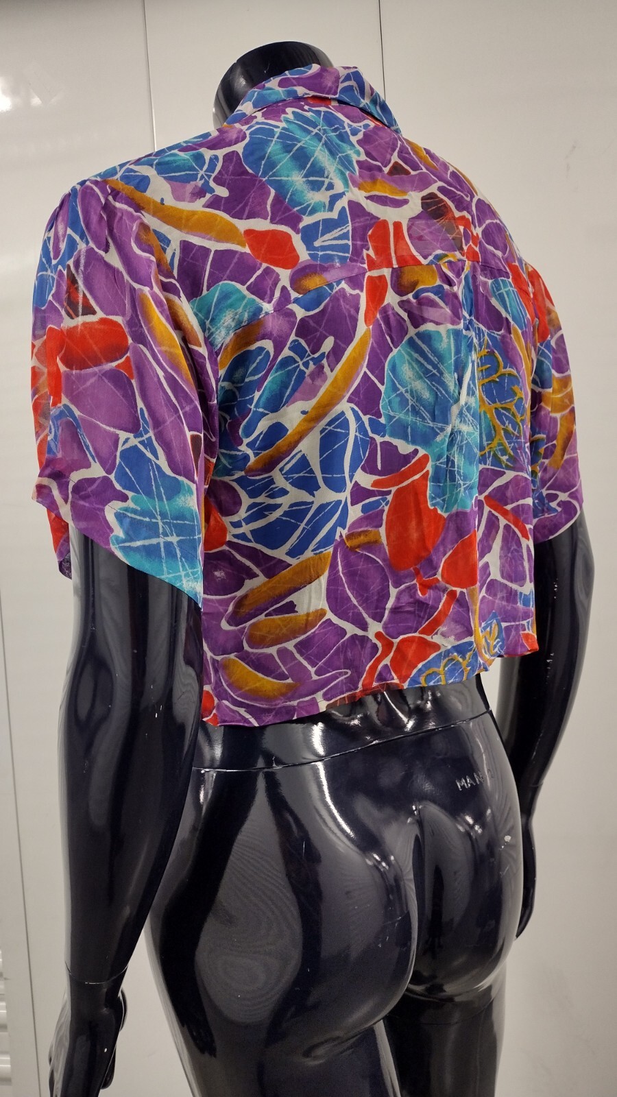 1990s Crop Style Short Sheer Shirt Unisex Purple Floral Rayon Tie Front GAY