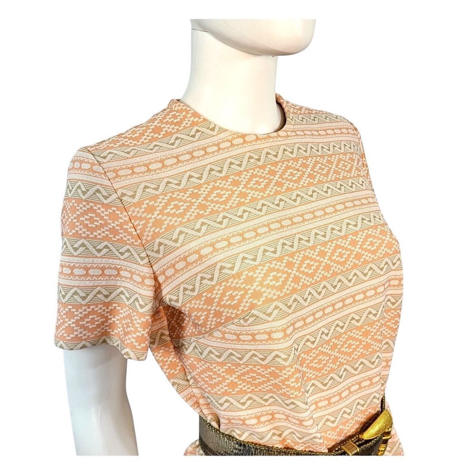 70s Lady Carol Orange Sherbet Tan Geo Print Poly Knee Length Shift Dress Large