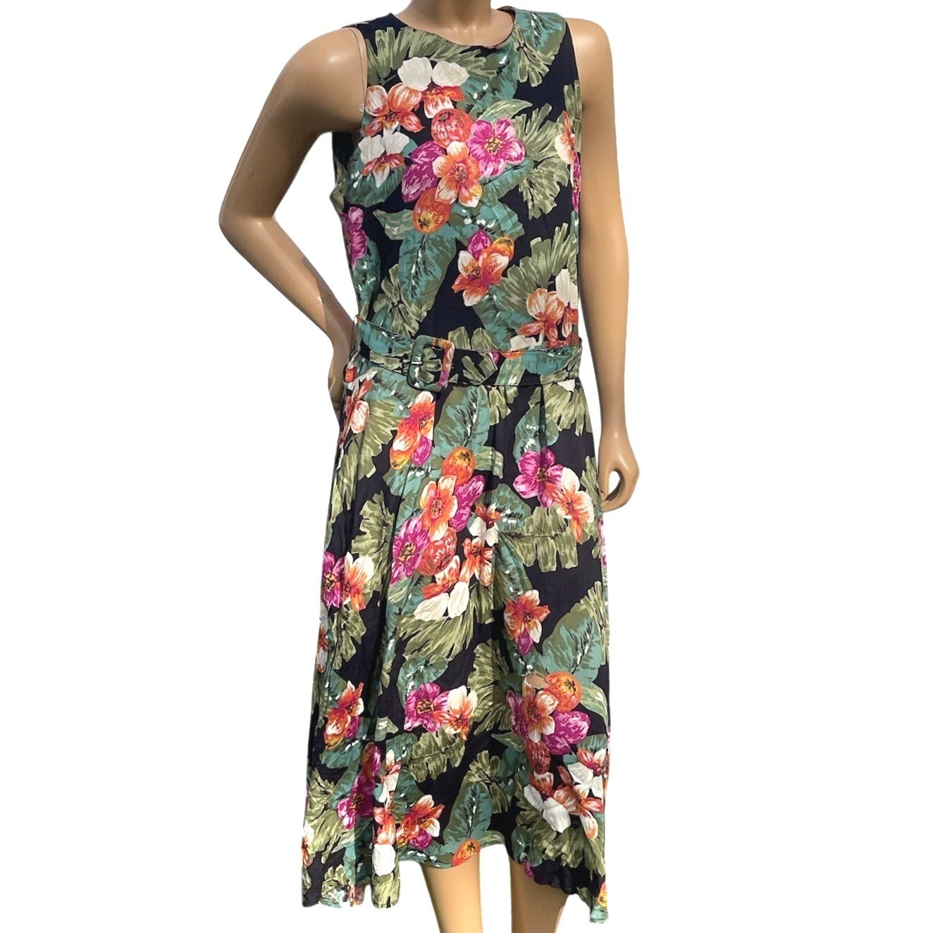 Vintage Caliche 90s Black Tropical Floral Sleeveless Belted Midi Dress 14