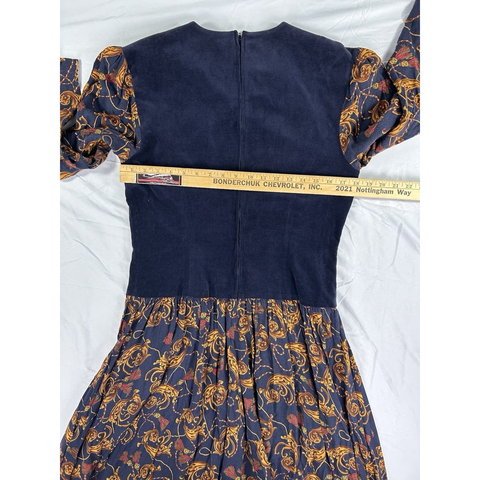 Donna Morgan Vintage Navy Velvet Paisley Midi Dress Gold Tassel 80s Size 11/12