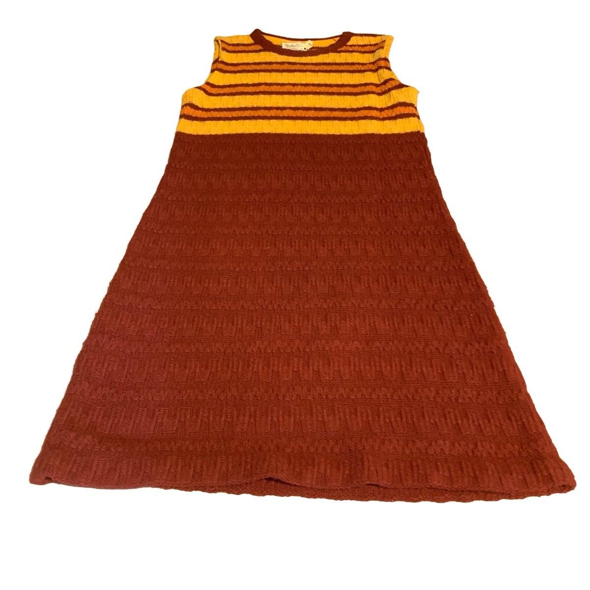 VINTAGE CIRCA 1970’S BEELINE YELLOW & BROWN CABLE KNIT SWEATER DRESS SIZE APPX L