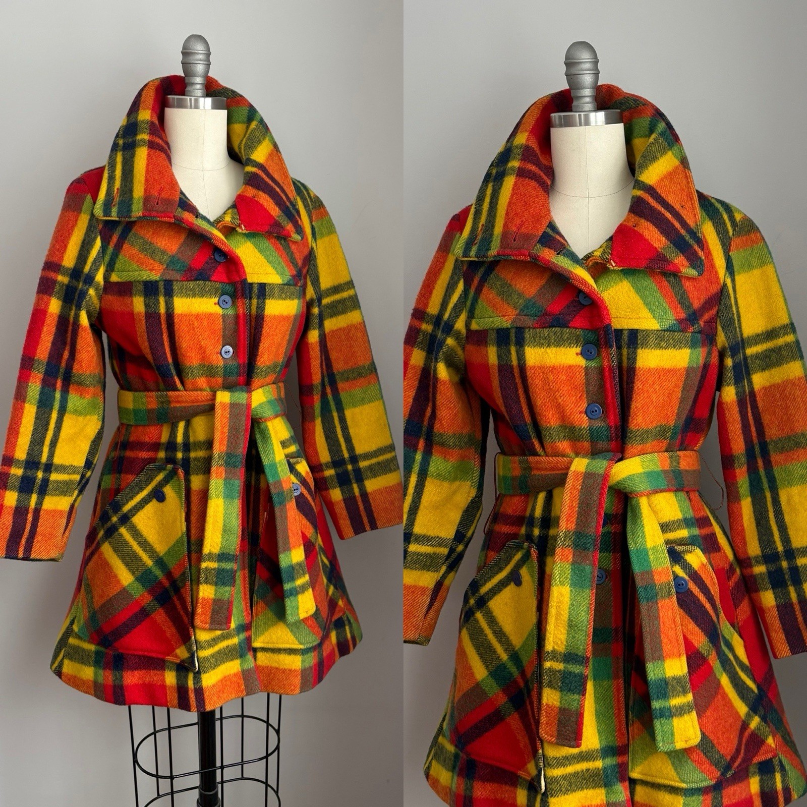 Vintage 1970’s Rainbow Plaid Belted Wool Coat w/ pockets Size XS