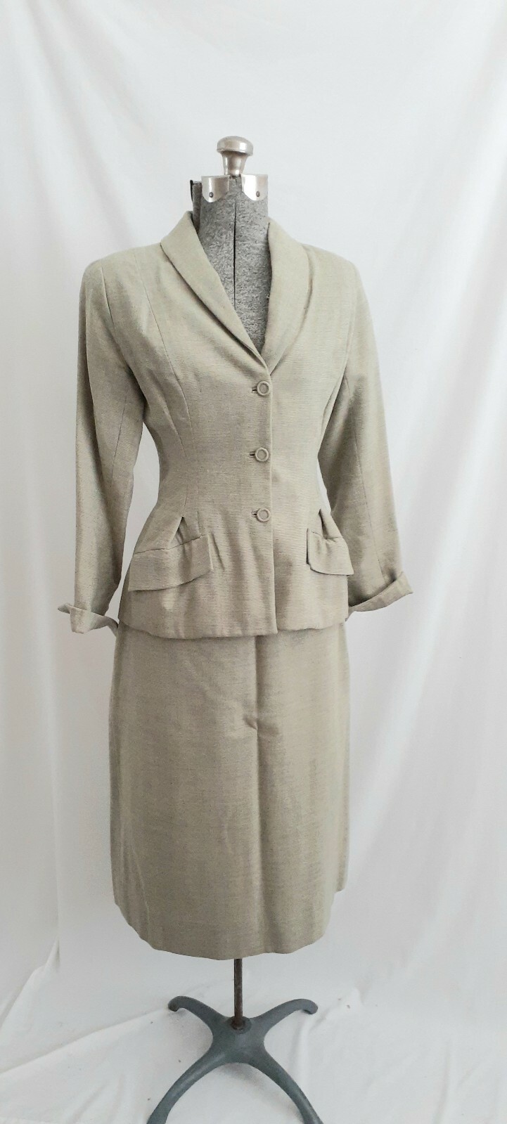 Vintage 1940s/50s Wool Skirt Suit Two Tone Heathered Gray Yellow Nipped Waist