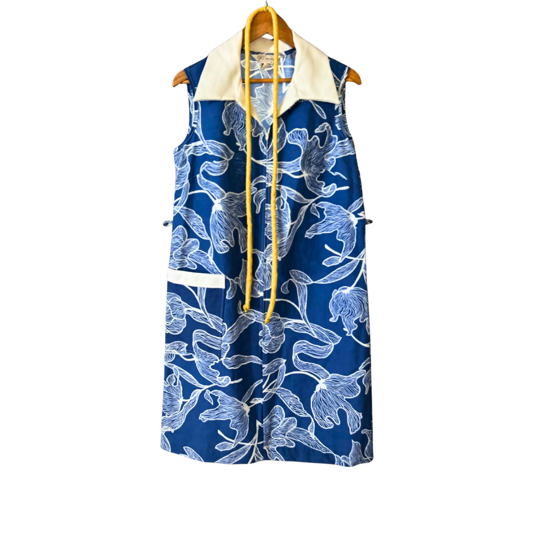 Vtg 60s – 70s Komar Zip Front House Dress Royal BLue W/ white floral design Sz M