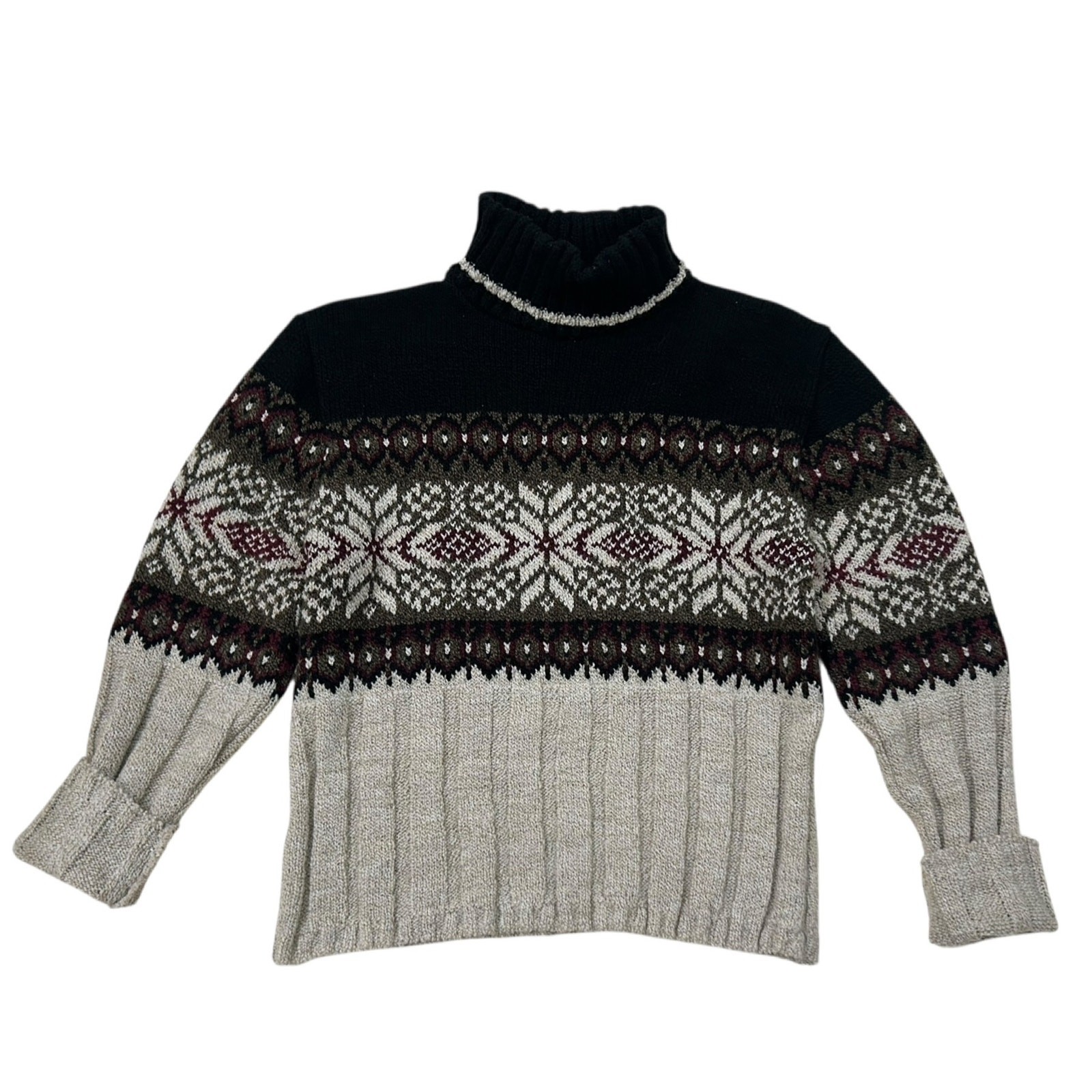Vintage Fair Isle Knit Turtleneck Sweater Snowflake Nordic Pattern / Small ^