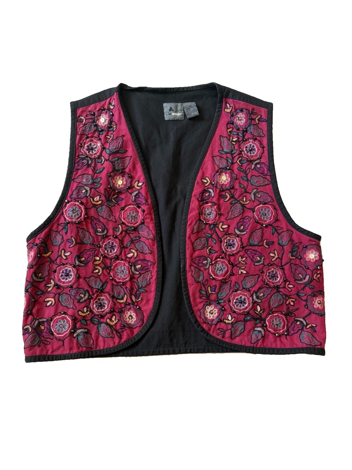 VTG LIZWEAR Vest Beaded Embroidered Open Front Women’s Medium Maroon Black