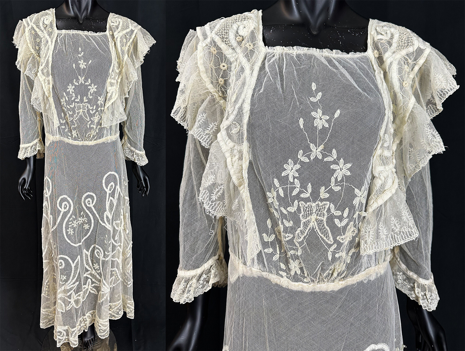 Edwardian Antique Princess Brussels Applique Duchesse Bobbin Tape Lace Dress VTG