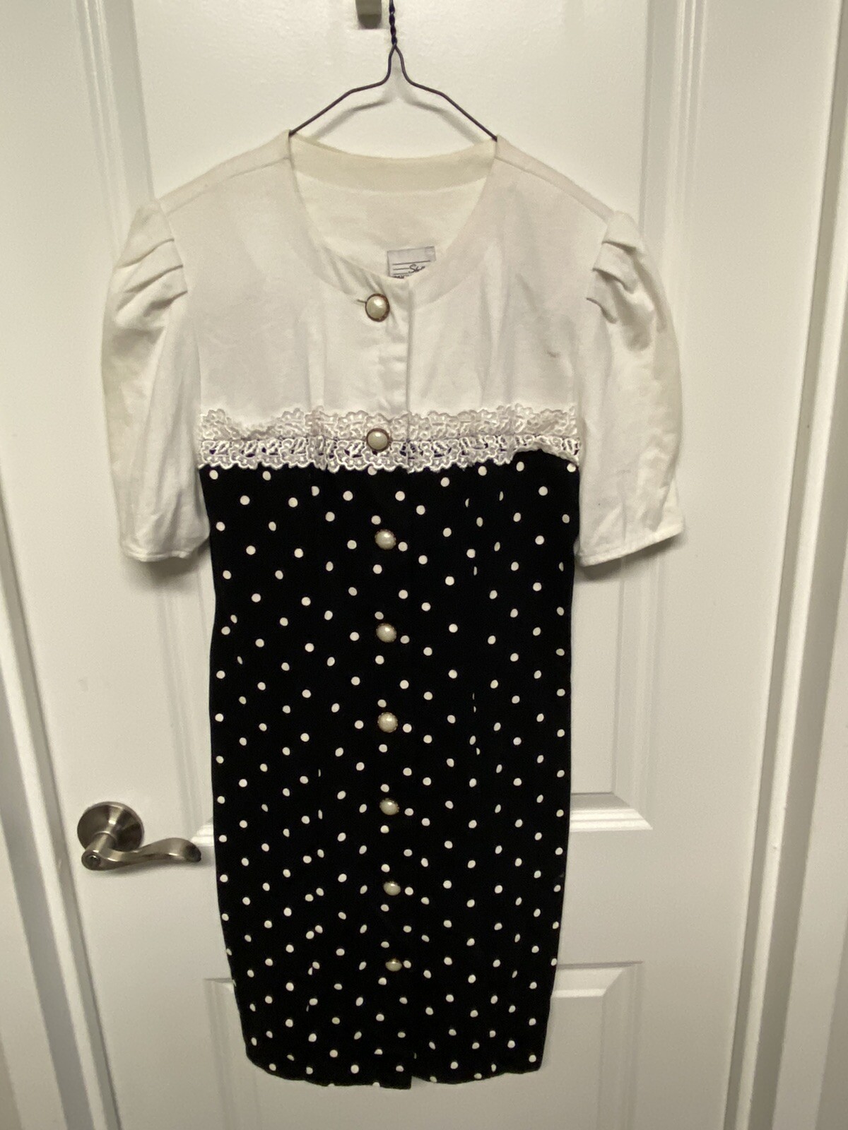Vintage 1980s Dress Shelly Michaels Women’s Black And White Pork-a-Dot Button Up