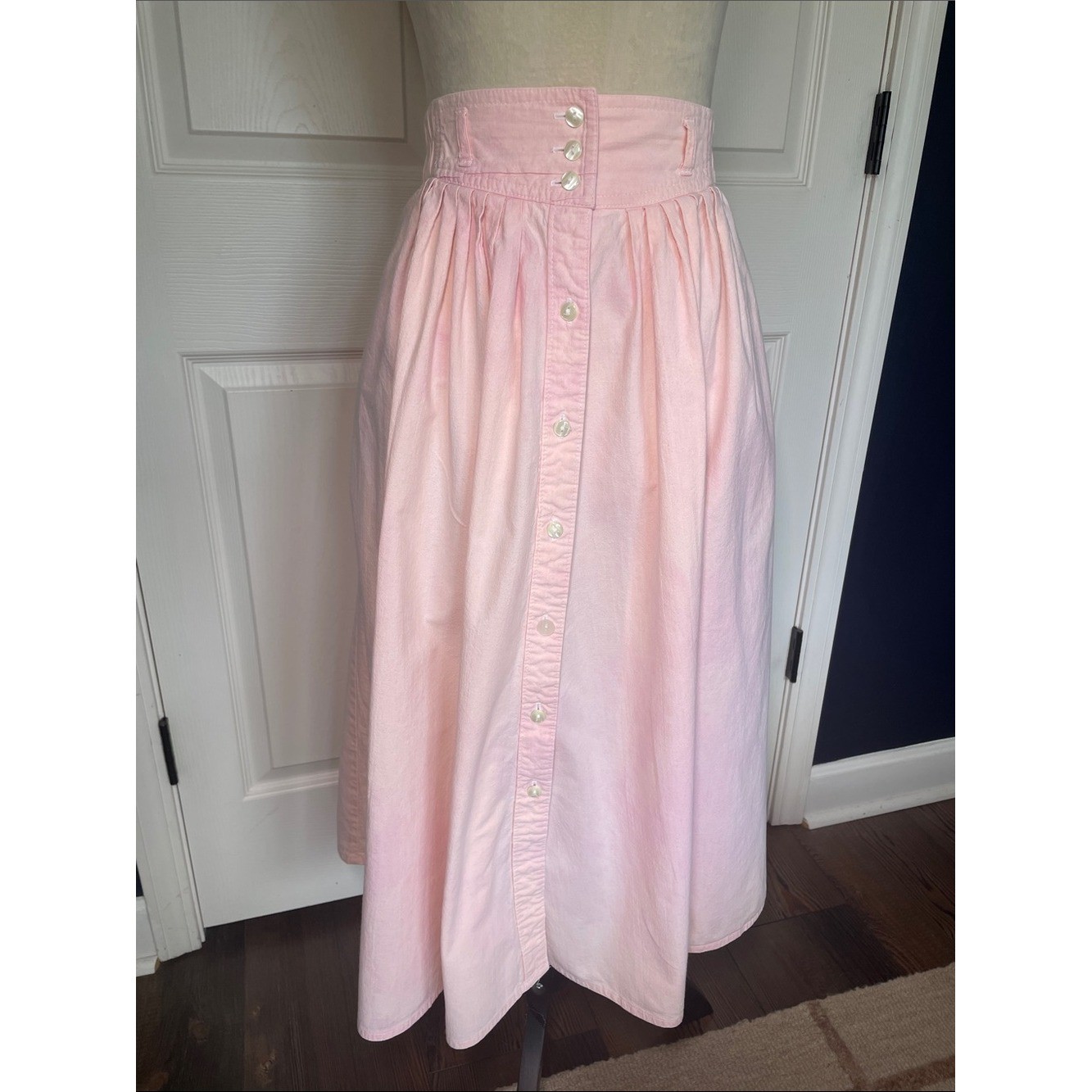 Vintage 80s Cottagecore Pastel Pink White Button Midi Skirt Koret City Blues 10