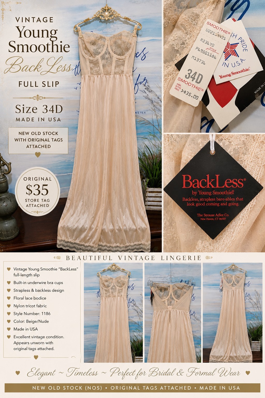 VINTAGE YOUNG SMOOTHIE® „BACKLESS” FULL LENGTH SLIP • SIZE 34DNEW OLD STOCK