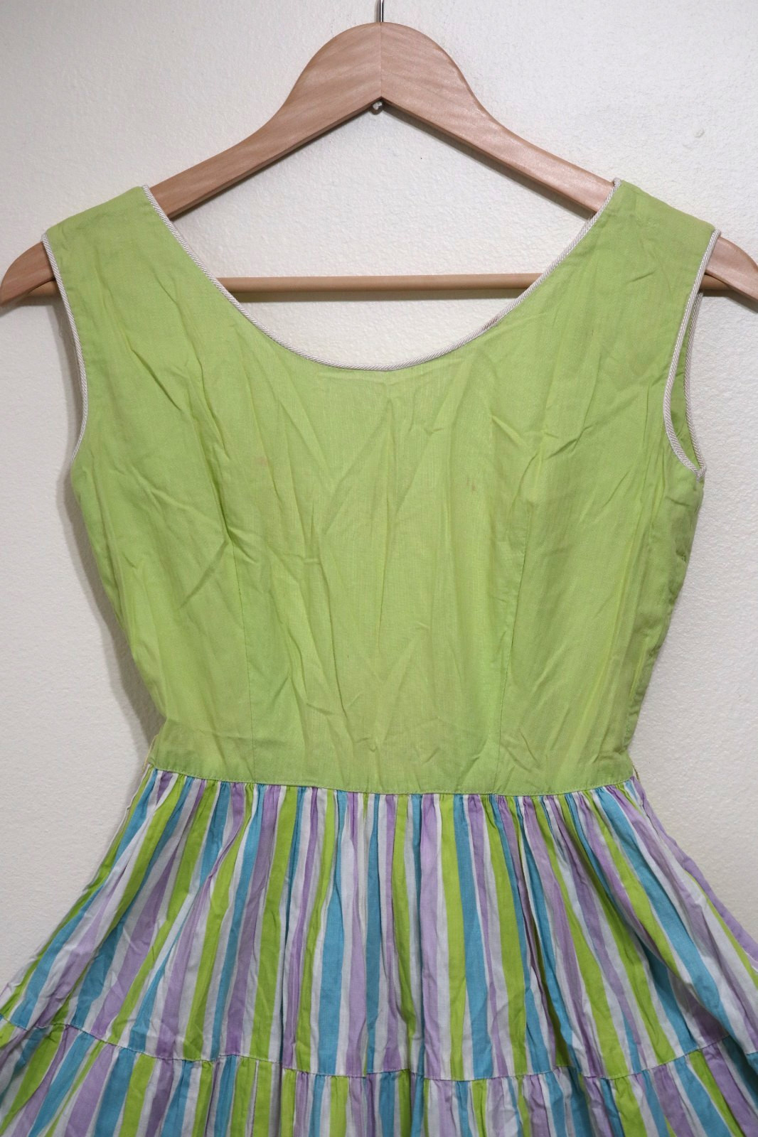 50s Abby Kent Chartreuse Stripe Sleeveless Tiers Full Skirt Day Dress Women XS 0