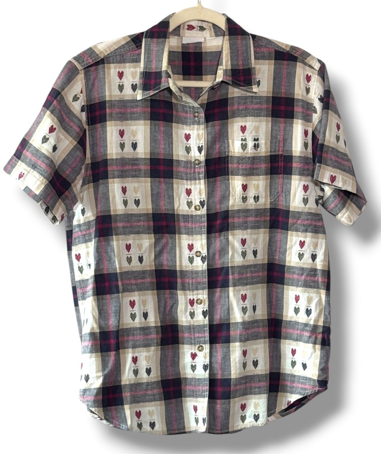 Vintage 80s Plaid Woven Hearts Cotton Short Sleeve Shirt Button Front – M