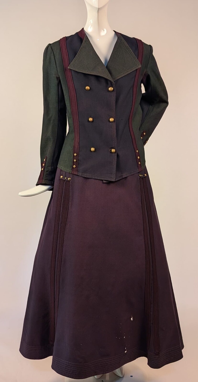 UNUSUAL EDWARDIAN TRI TONE WOOL WALKING SUIT W STUD + BUTTON TRIM