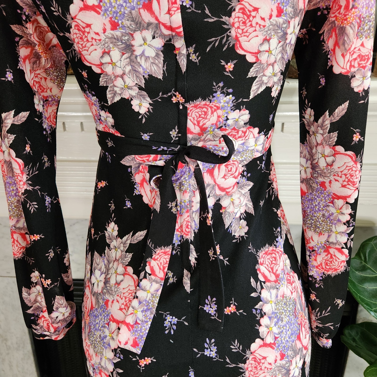 Vintage 70s Black Floral Dress Size S Maxi Cottagecore Stretch Empire Waist Boho