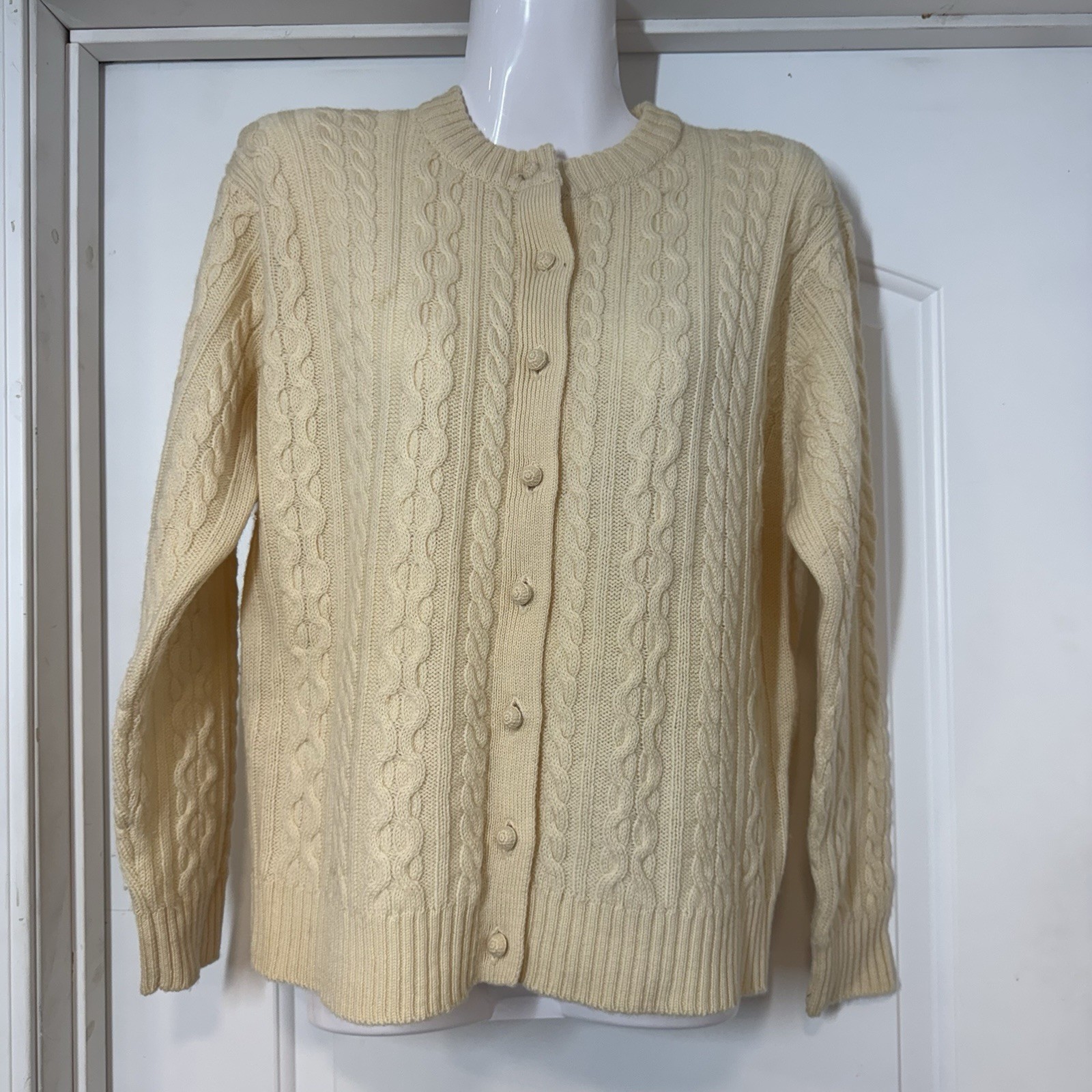 VTG Atkins 100% Wool Cable Knit Cardigan Sweater Women 42 (M-L) Fisherman Grandp