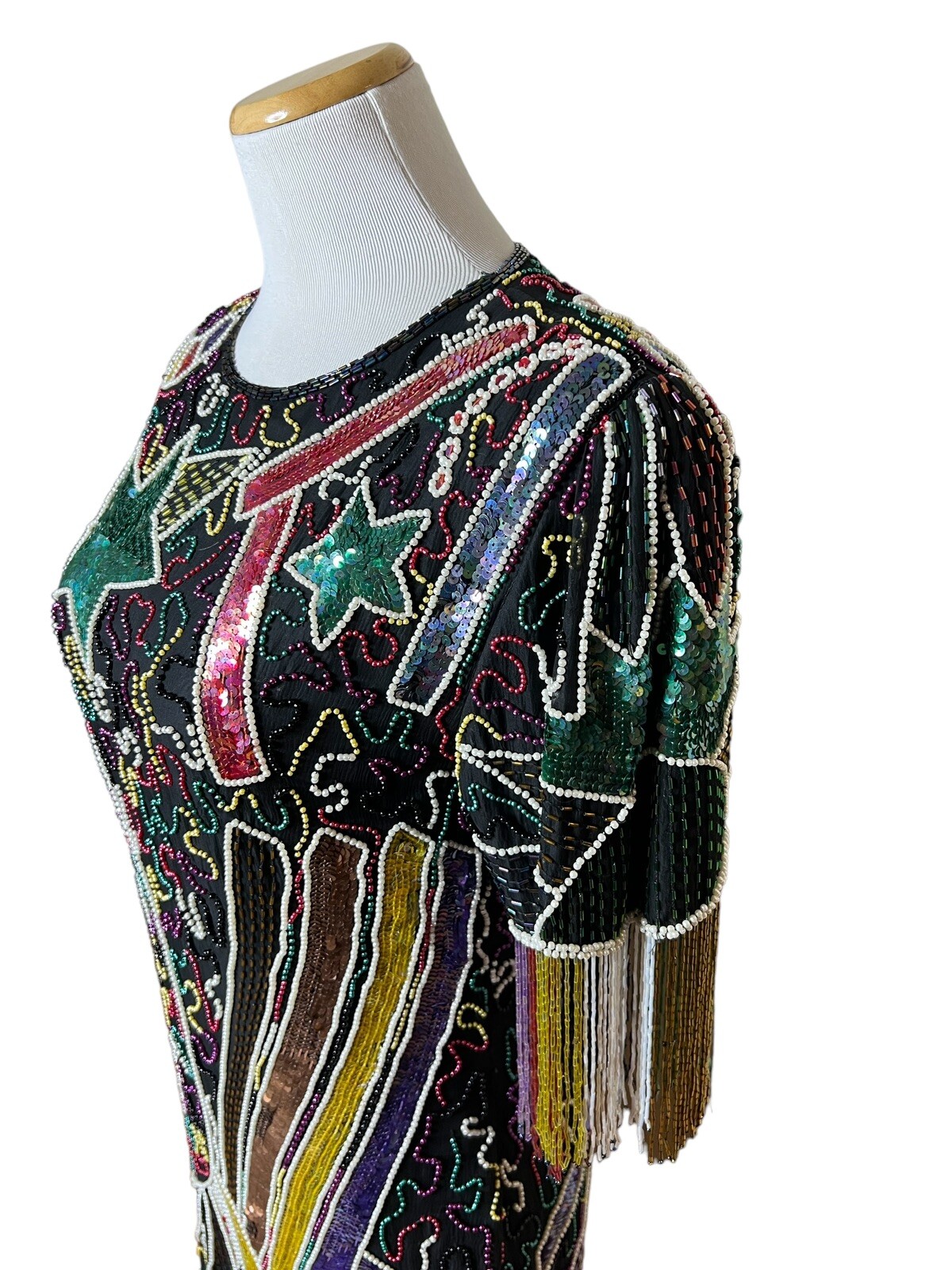 Vintage Beaded Sequin Party Dress Art Deco to Wear 80s Abstract Black Silk Sz S