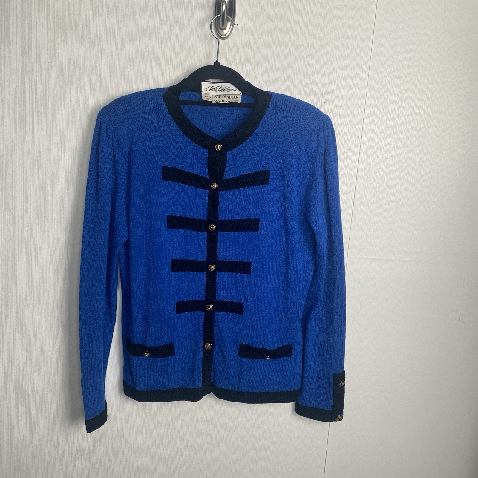 Pat Sandler for Wellmore Saks Fifth Avenue VTG Blue Knit Sweater Jacket Size 14