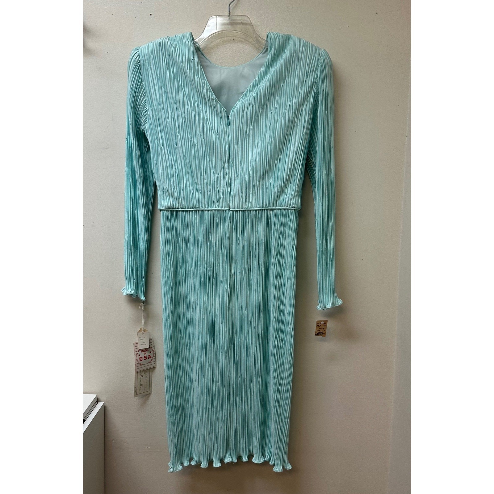Barbara Chodos Michael Marcella Vintage Pleated Sequin Waist Midi Dress Aqua 12