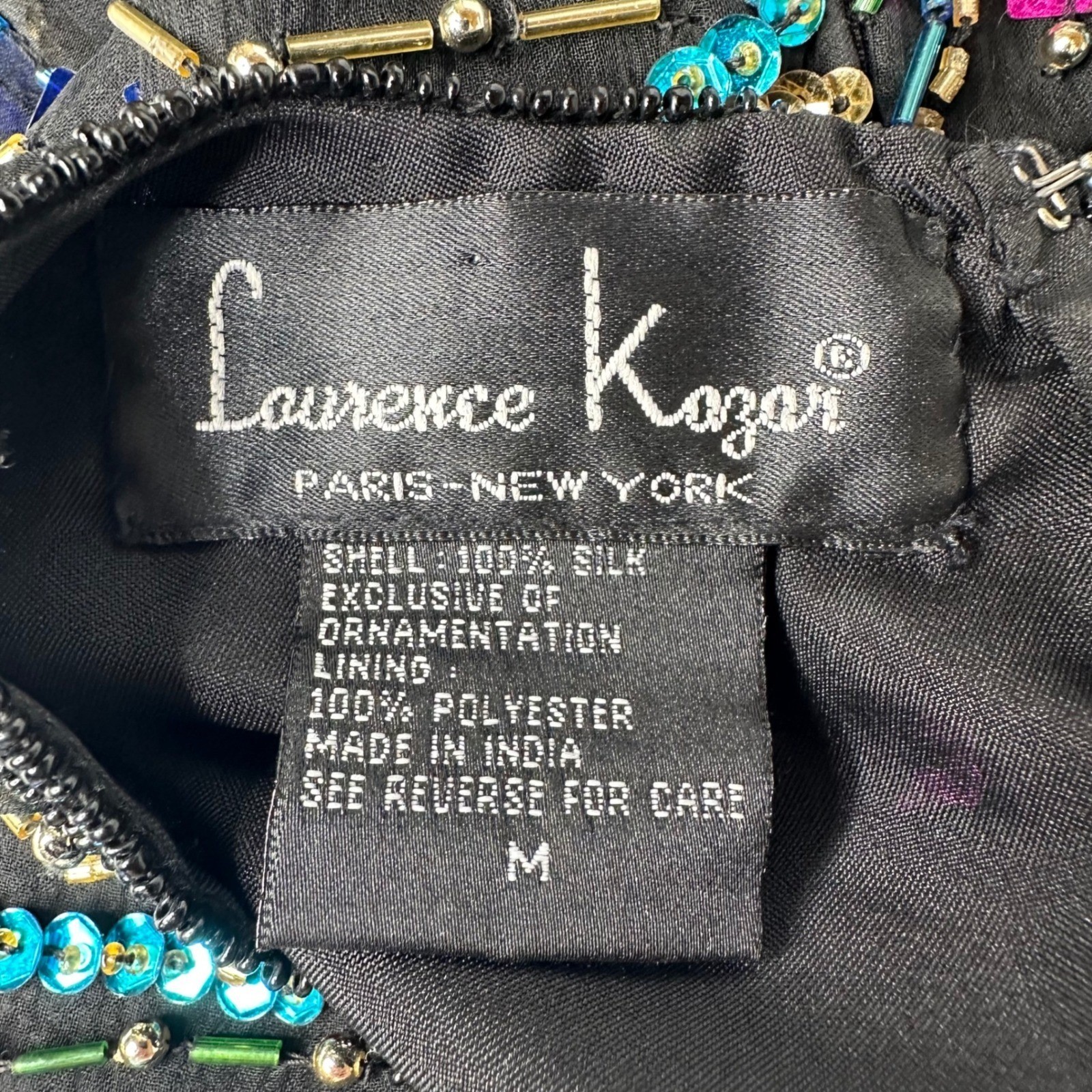 Laurence Kazar Black Silk Beaded Sequin Swirl Sleeveless Top Vintage Glam Sz M