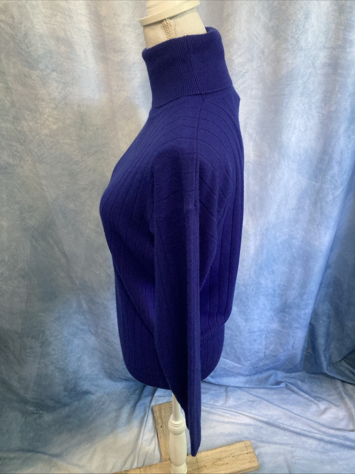 Vtg 80s Laura Winston Ribbed Knit Turtleneck Sweater M Blue Indigo Purple Retro
