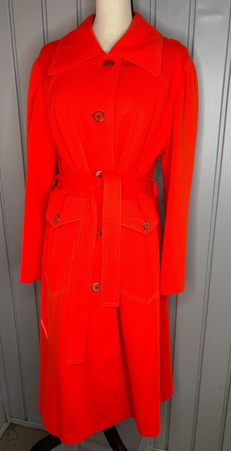 Vintage 1974-95 Womens Coat Size L-XL Orange Double Knit Buttons Tie Back Pleat