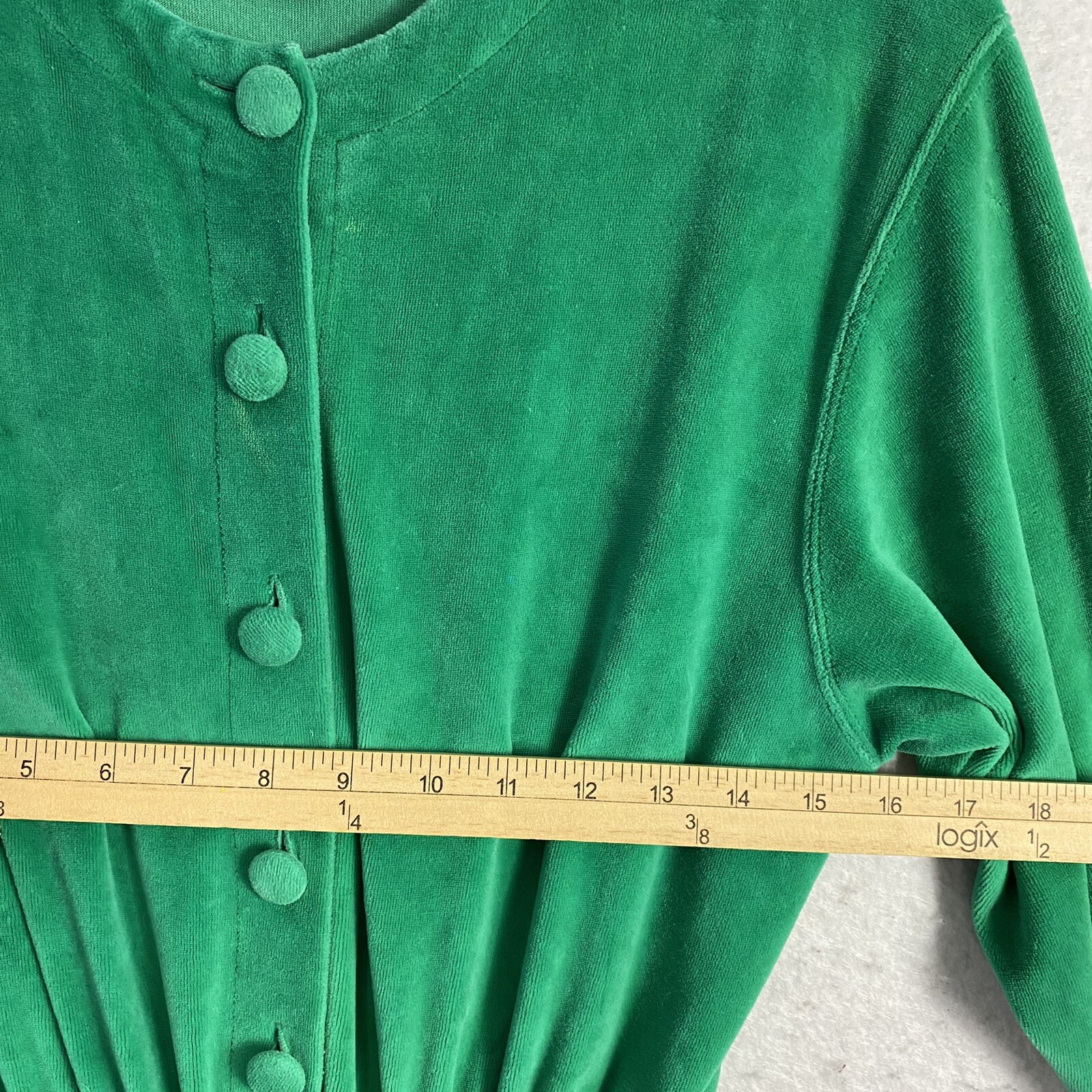 VTG Green Velour Jumpsuit Button Up Long Sleeve S 80s 90s Pockets High Rise
