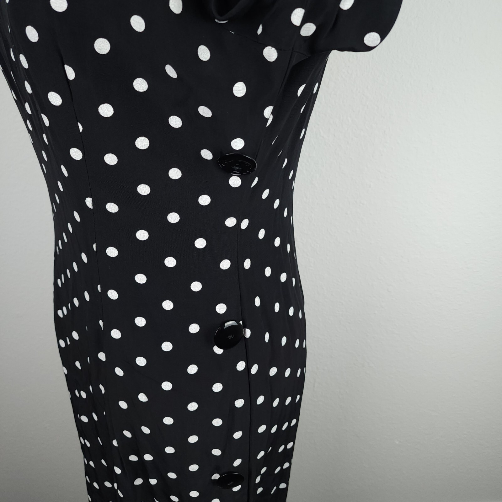 Vintage 80s 1940s DiamondsRun Black White Midi Pencil Dress Long Sleeve PolkaDot