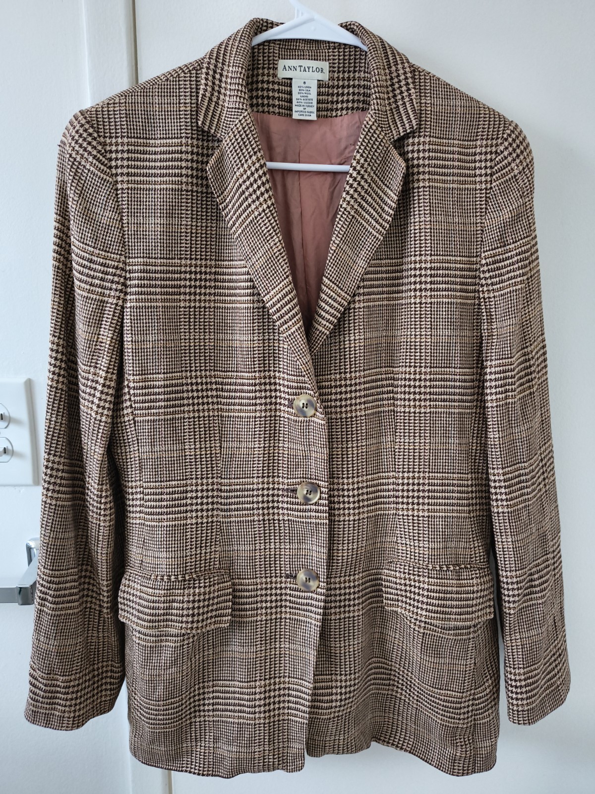 Vintage Ann Taylor Plaid Blazer Jacket Women’s Size 8 Brown Classic Office Chic