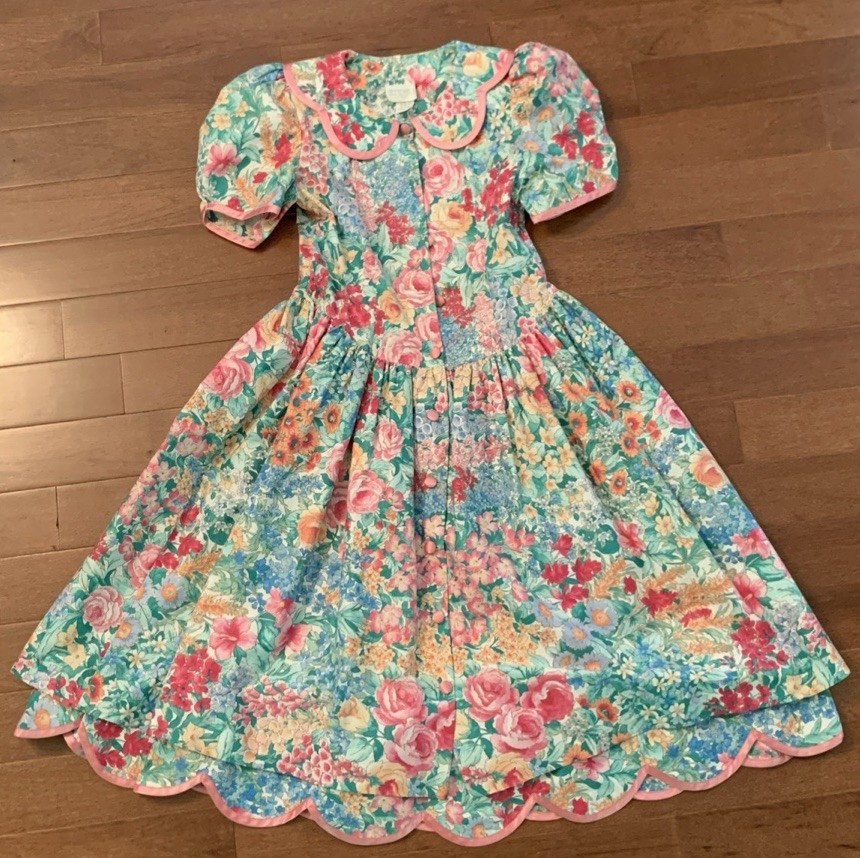 Vtg 80’s Cotton Floral Cottage Drop Waist Puff Slv Petticoat Dress Girls 12