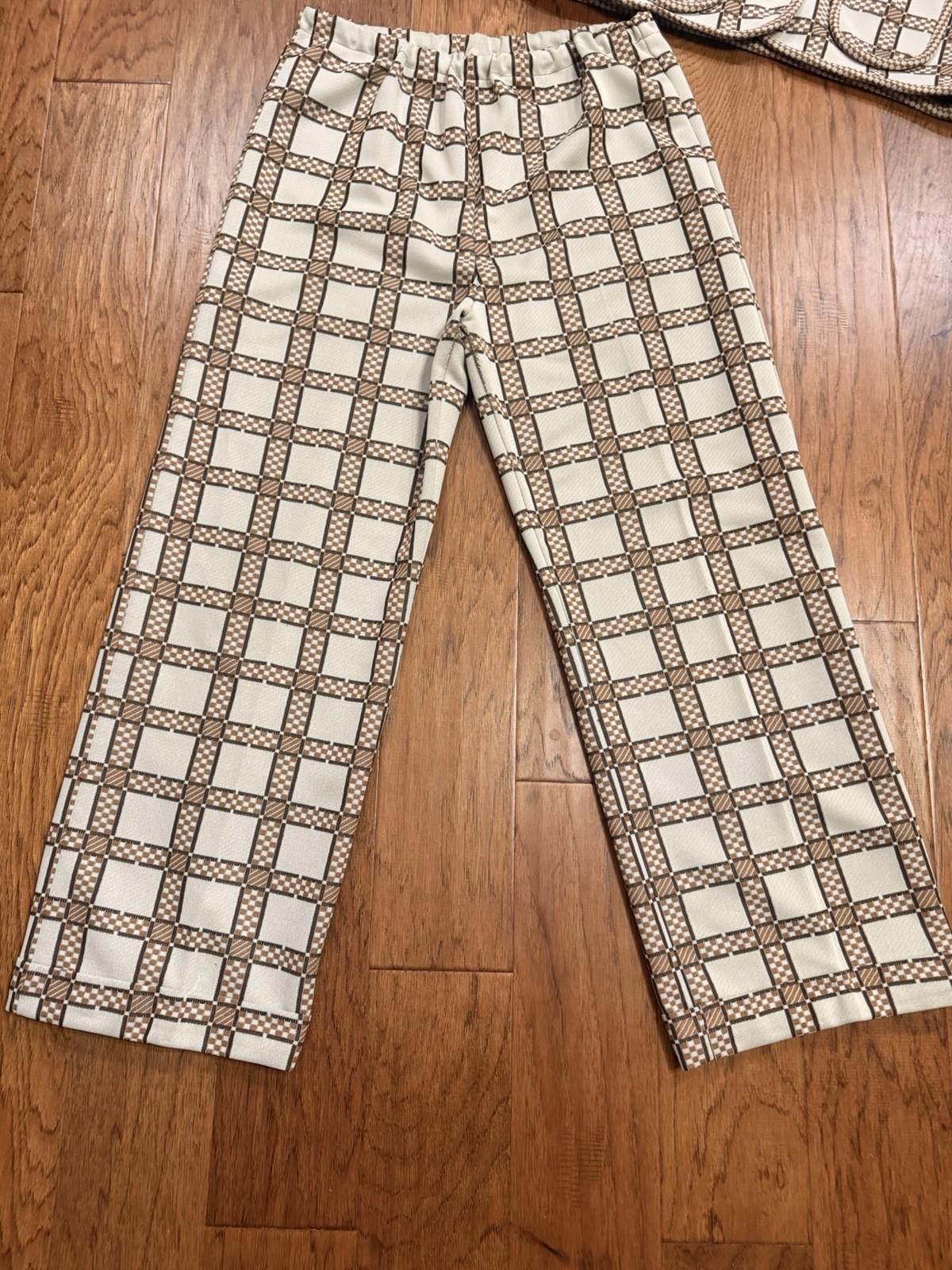 Vintage 1970s 3 Piece Leisure Suit Womens Knit Beige Brown Plaid Large 12-14
