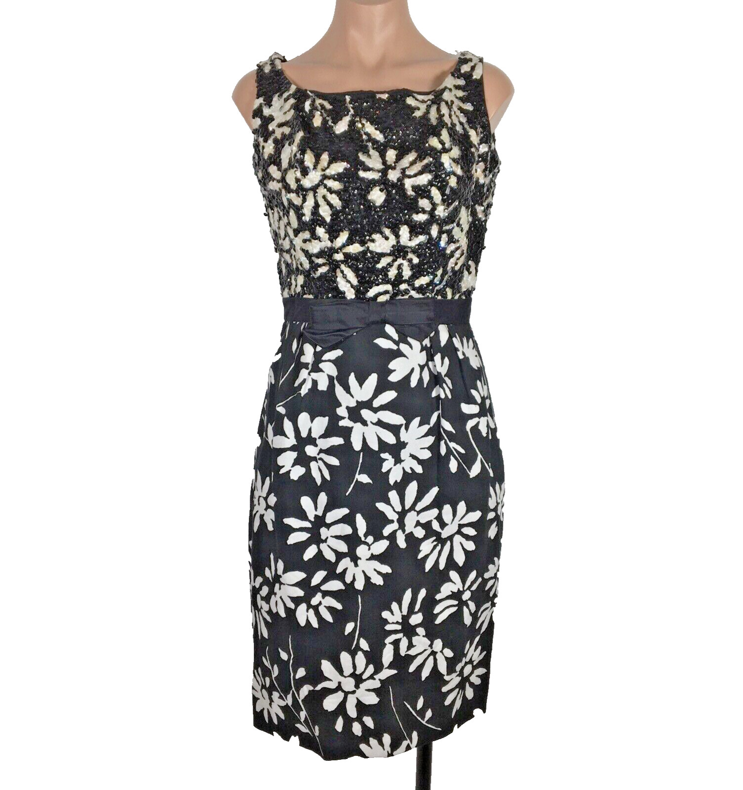 1960’s Mardi Gras Black White Floral Sequin true vintage wiggle dress