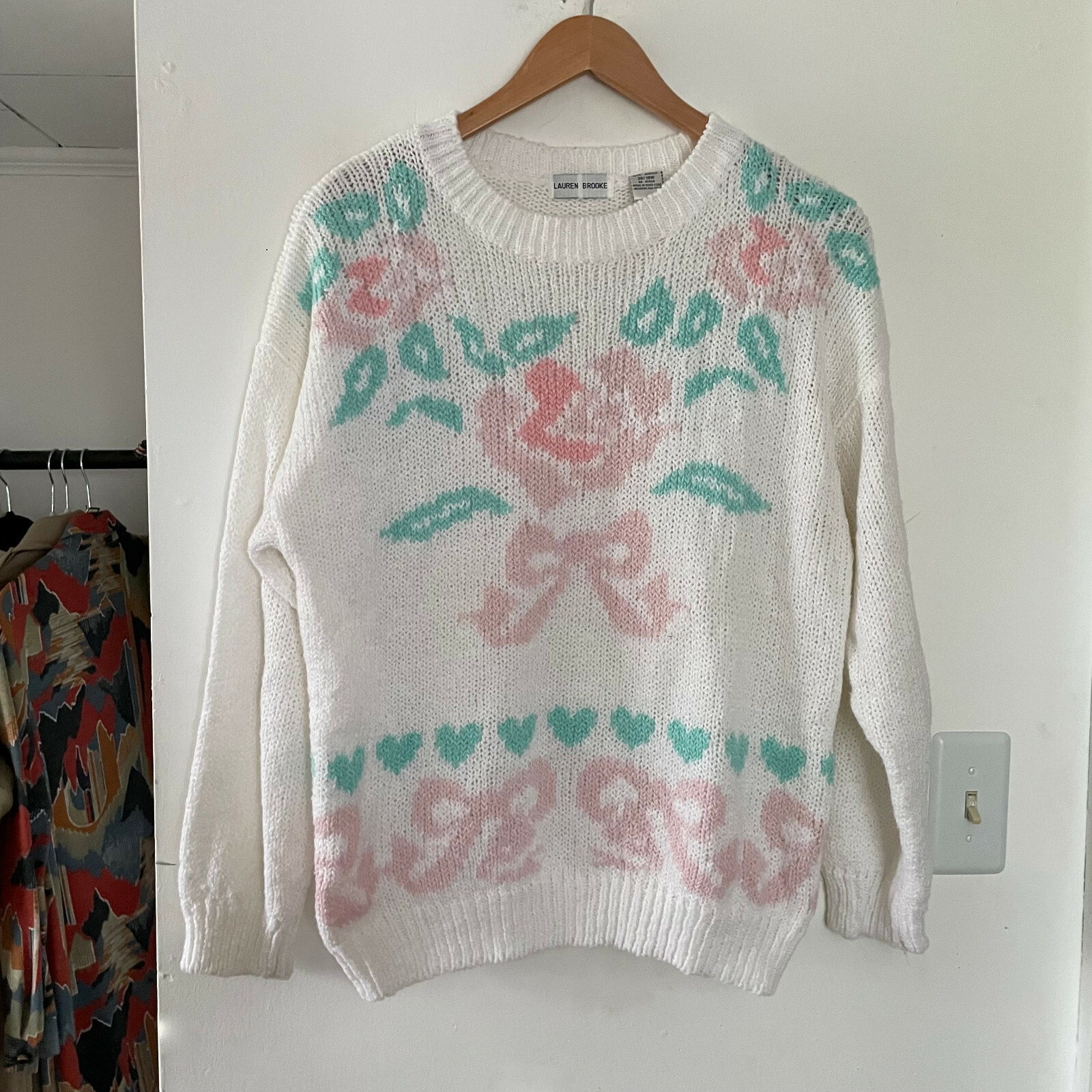 Vtg Lauren Brooke Fairy Kei Sweater 18W 1X Pastel Hearts Bow Floral Cottagecore