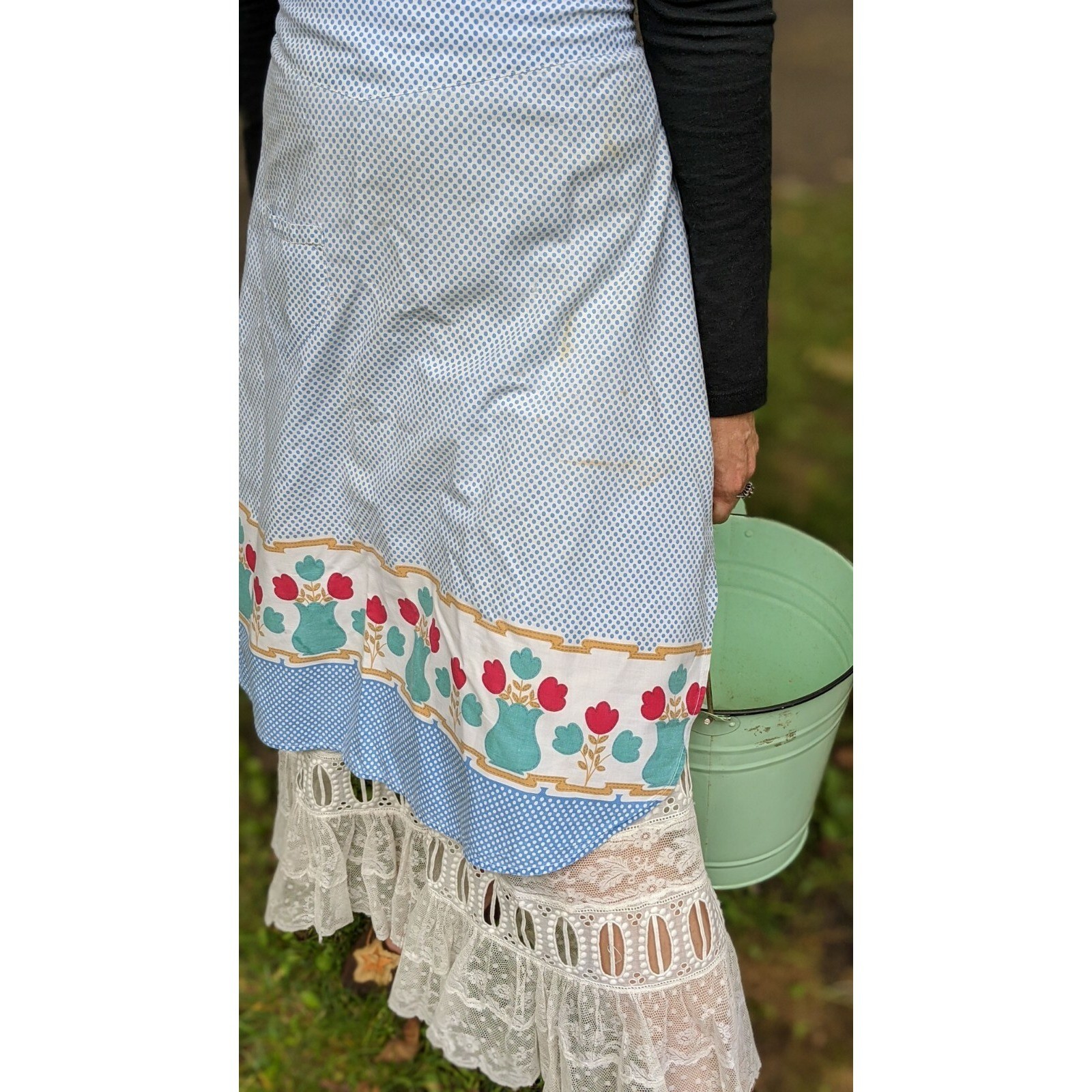 Vintage Retro Floral Waist Half Apron 24.5″ Long Polka Dot Cottagecore Farmgirl