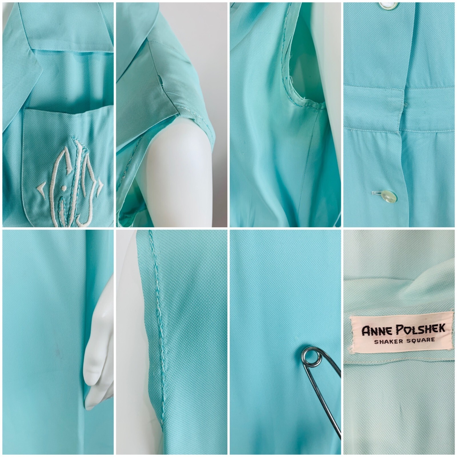 Vintage 1940s Baby Blue Shirtdress Shaker Square Embroidered Day Dress | W 31″