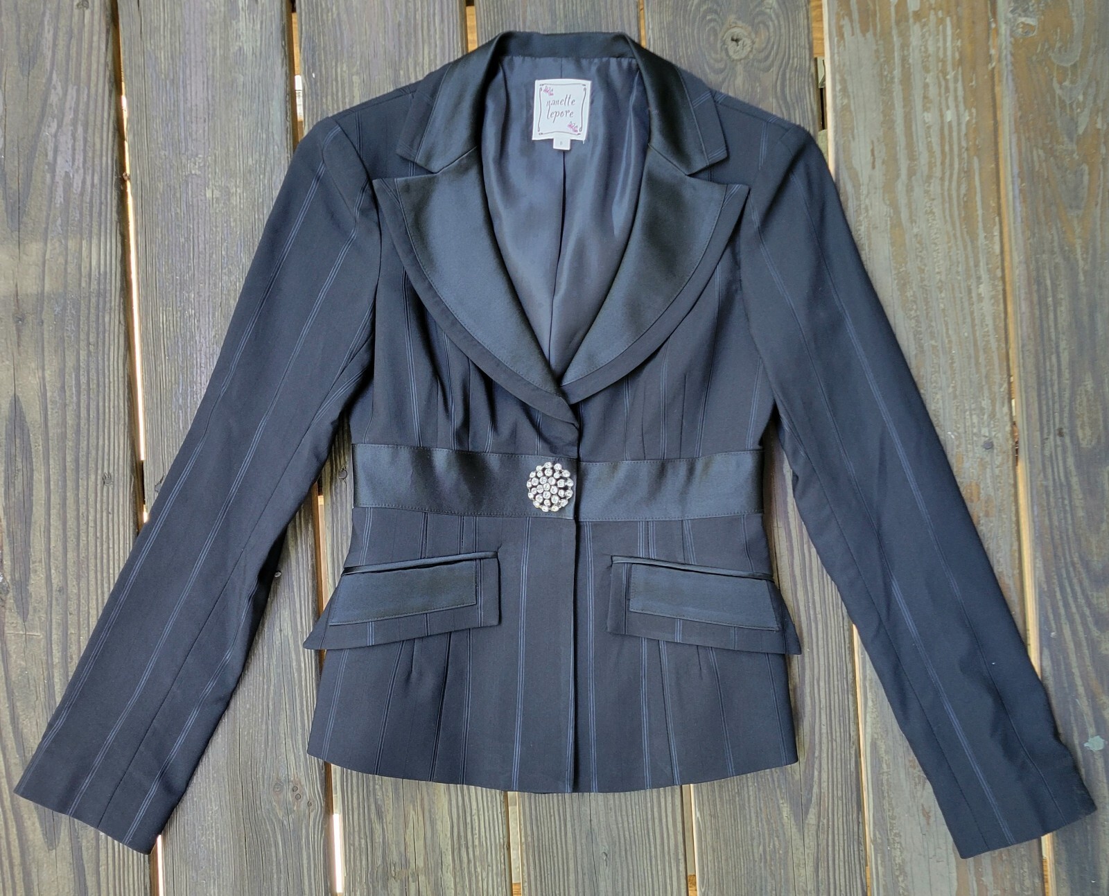 Nanette Lepore vintage 90s 00s pant suit black satin stripe brooch low rise 0