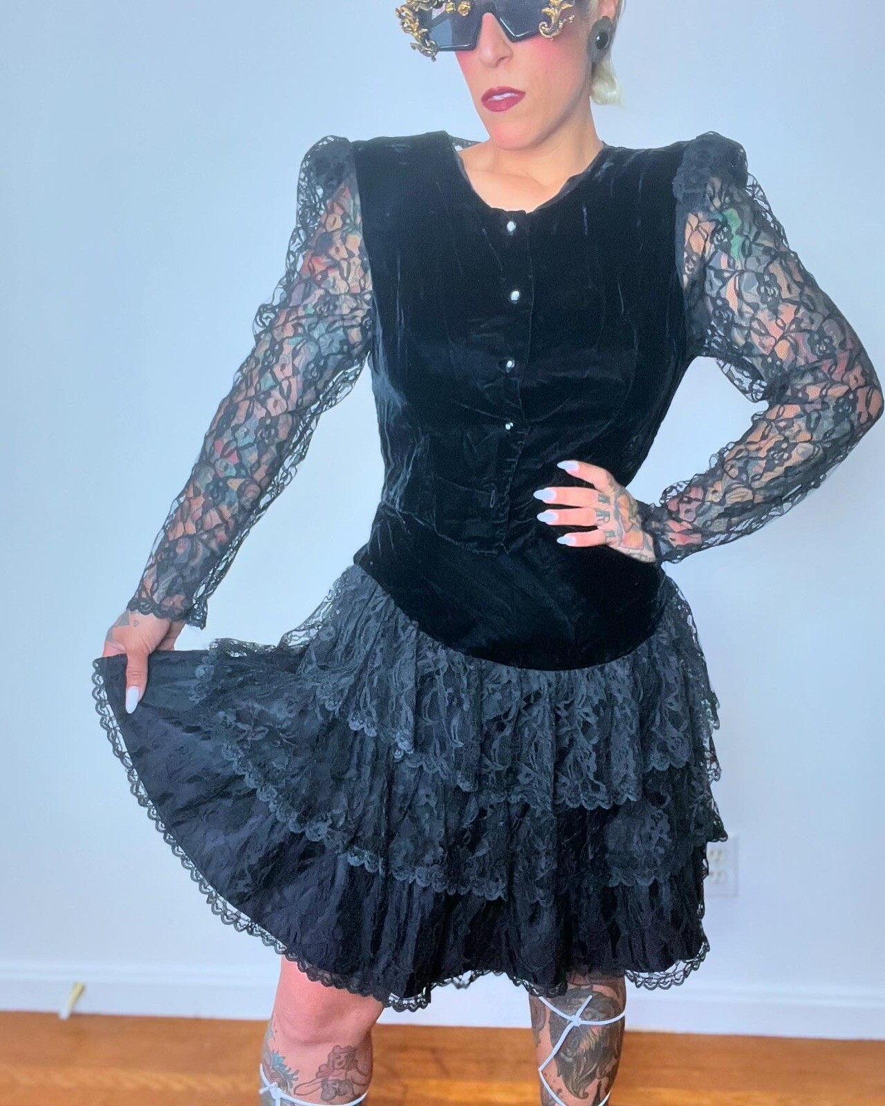 GOTH Punk 1980’s 80s Vintage Velvet & Sheer Lace Sleeve Prom Top Skirt Dress S M