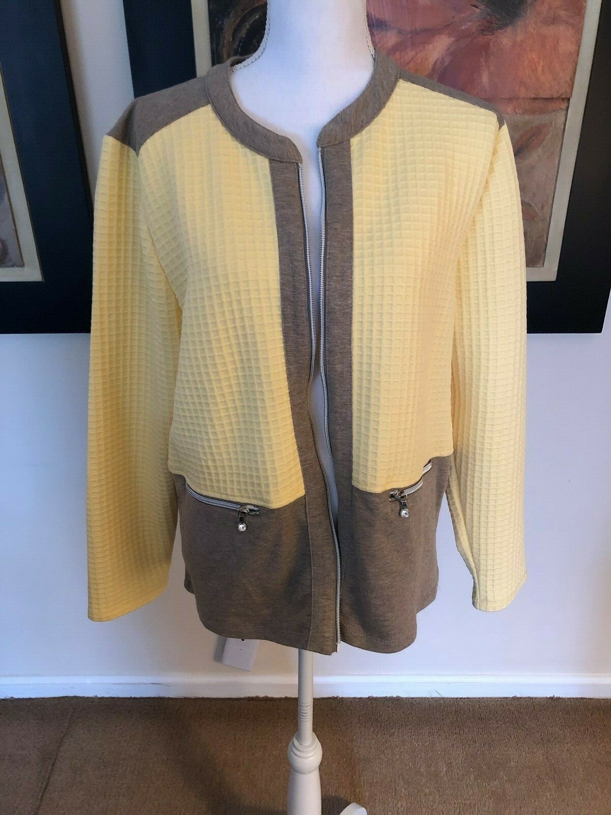 Onque Casual Women’s Jacket Zip Front Yellow Brown Bling on Zipper Pockets XL