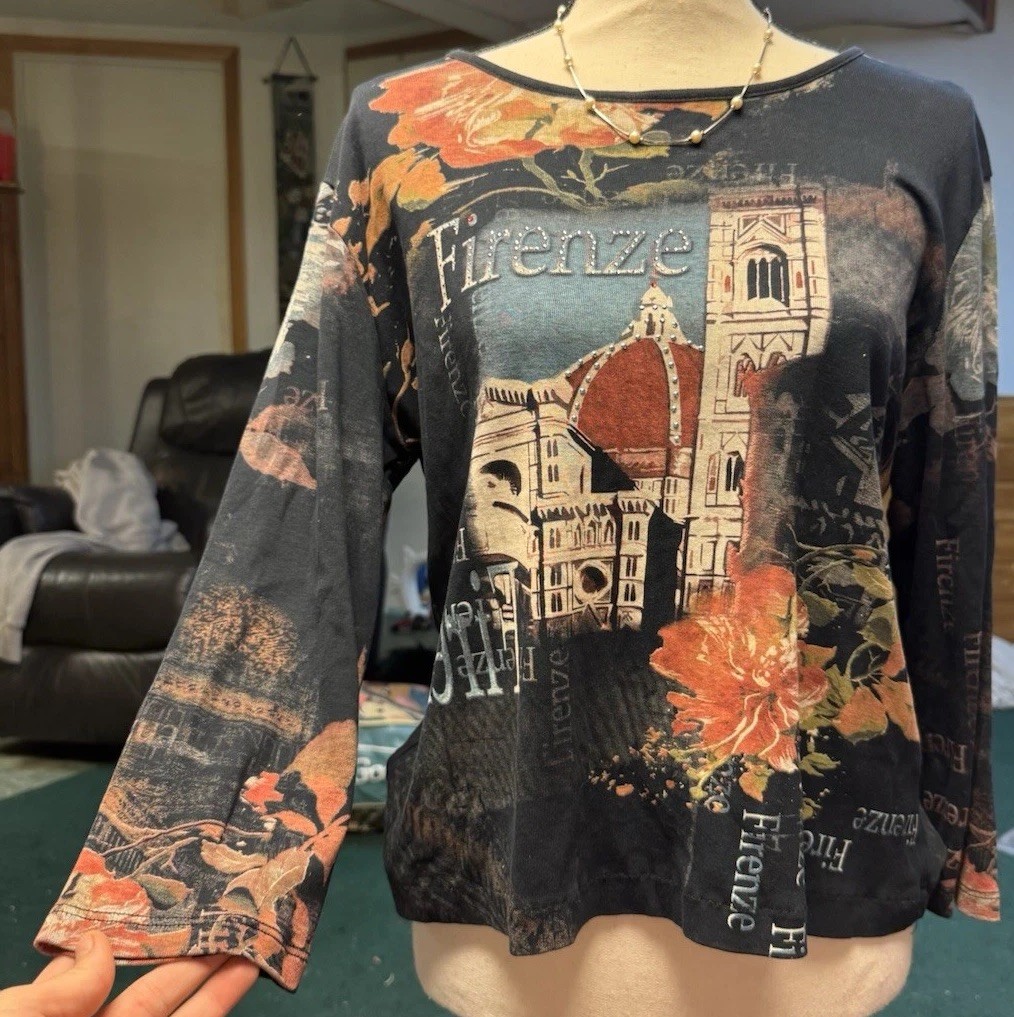 Katina Marie sz M Firenze Art Print 3/4 Sleeve Y2K Shirt Rhinestone Bling Vacay