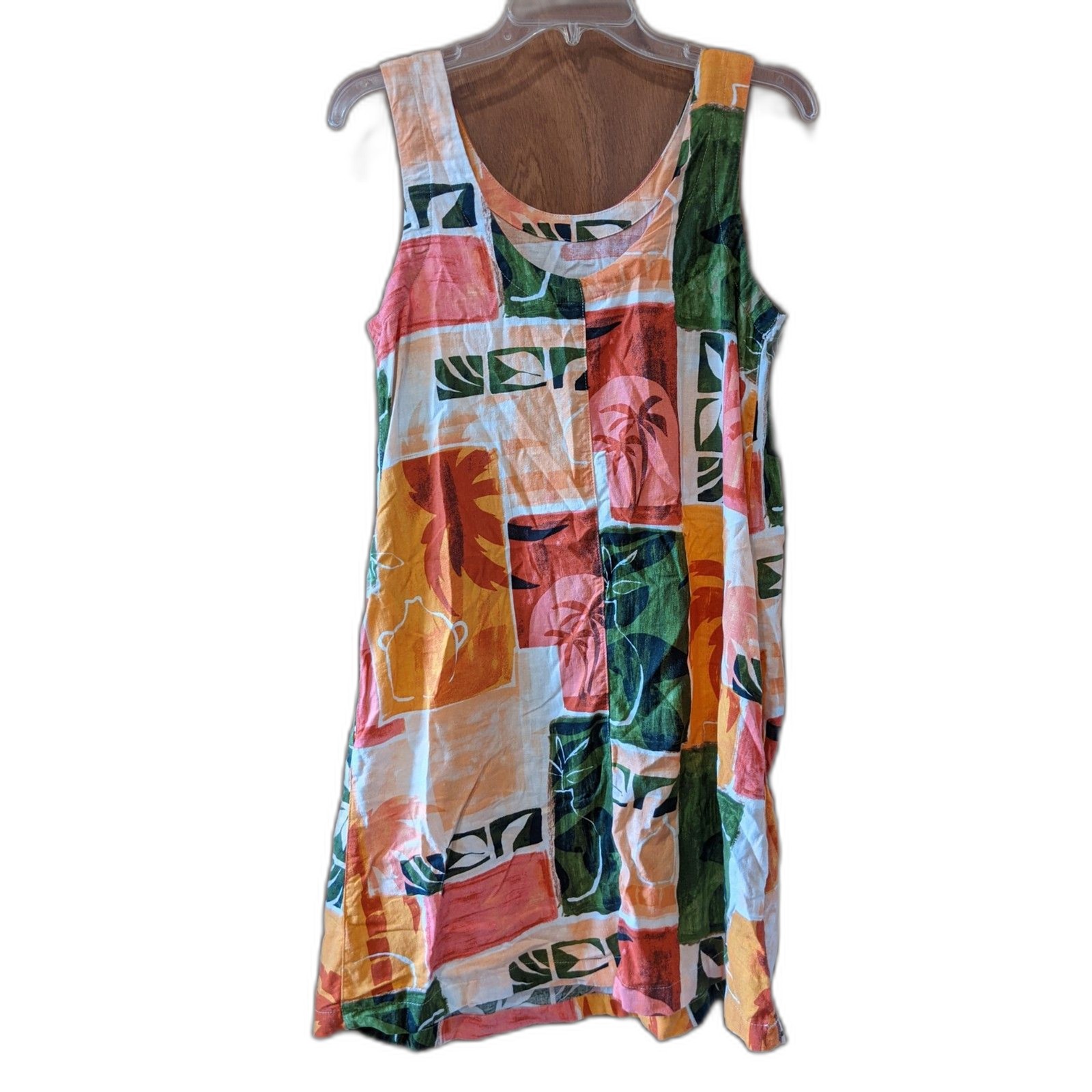 Nicole Miller Linen Dress Tropical Patchwork Shift Coastal Grandmother Y2K Sz S